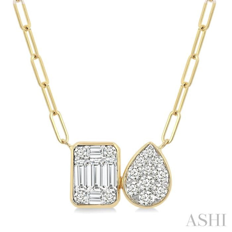 1/2 Ctw Lovebright Emerald and Pear Shape Toi Et Moi Baguette and Round Cut Diamond Necklace in 14K Yellow and White Gold