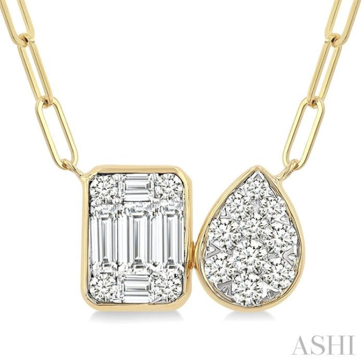 1/2 Ctw Lovebright Emerald and Pear Shape Toi Et Moi Baguette and Round Cut Diamond Necklace in 14K Yellow and White Gold