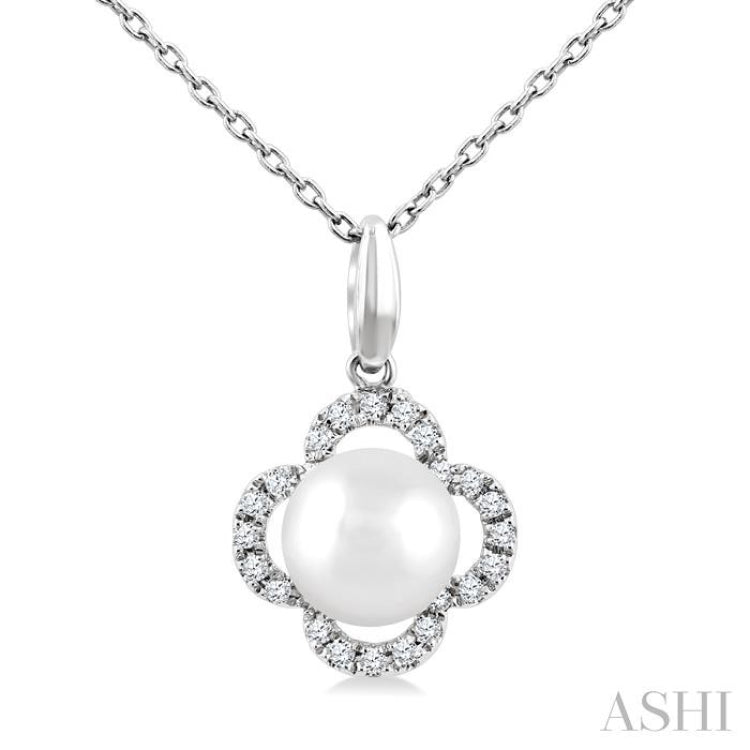 6 MM Cultured Pearl and 1/10 Ctw Single Cut Diamond Clover Petite Fashion Pendant With Chain in 10K White Gold