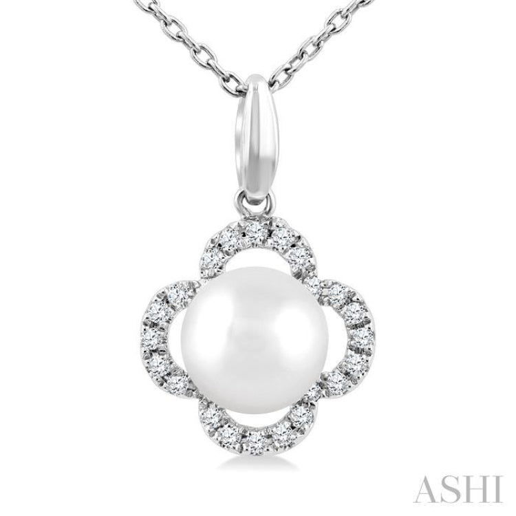 6 MM Cultured Pearl and 1/10 Ctw Single Cut Diamond Clover Petite Fashion Pendant With Chain in 10K White Gold