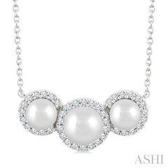 5MM & 4MM Cultured Pearl and 1/6 Ctw Round Cut Diamond Halo Pendant With Chain in 14K White Gold