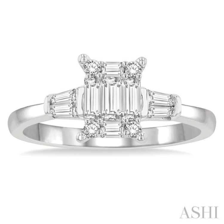 1/2 Ctw Modern Rectangular Head Baguette and Round Cut Diamond Ladies Ring in 14K Yellow and White Gold