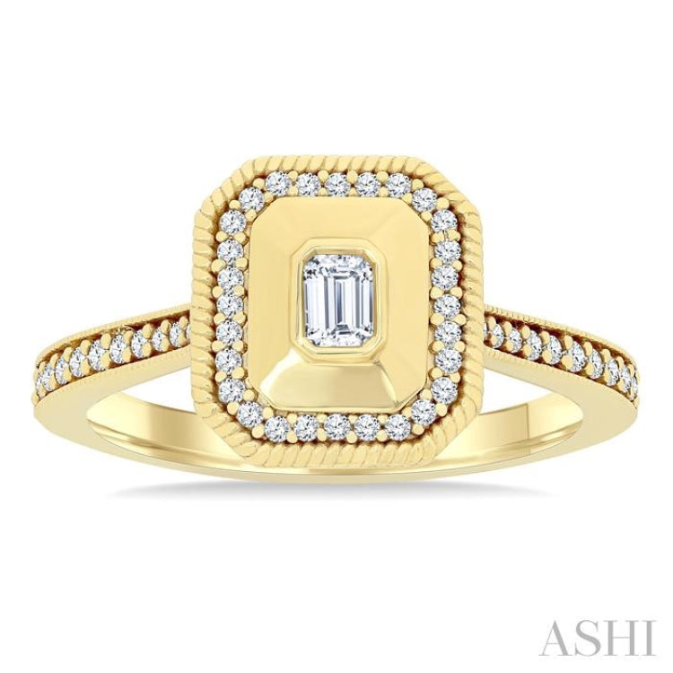 1/3 Ctw Octagonal Shaped Art Deco Emerald and Round Cut Diamond Fashion Ring in 14K Yellow Gold