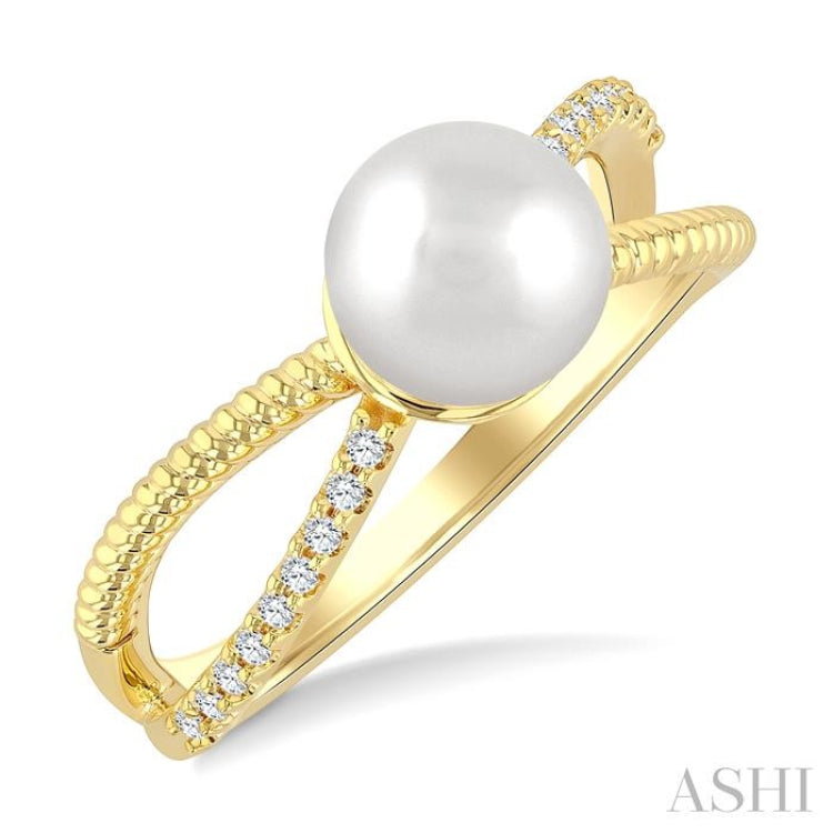 7MM Cultured Pearl and 1/10 Ctw Single Cut Diamond Criss Cross Fashion Ring in 10K Yellow Gold