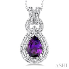 10X7 MM Pear Cut Amethyst and 1/20 Ctw Round Cut Diamond Semi-Precious Pendant With Chain in Sterling Silver
