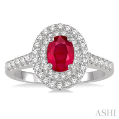 7x5 MM Oval Shape Ruby and 1/2 Ctw Round Cut Diamond Precious Ring in 14K White Gold
