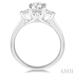3/4 Ctw Round and Triangle Cut Diamond Ladies Engagement Ring with 1/2 Ct Round Cut Center Stone in 14K White Gold