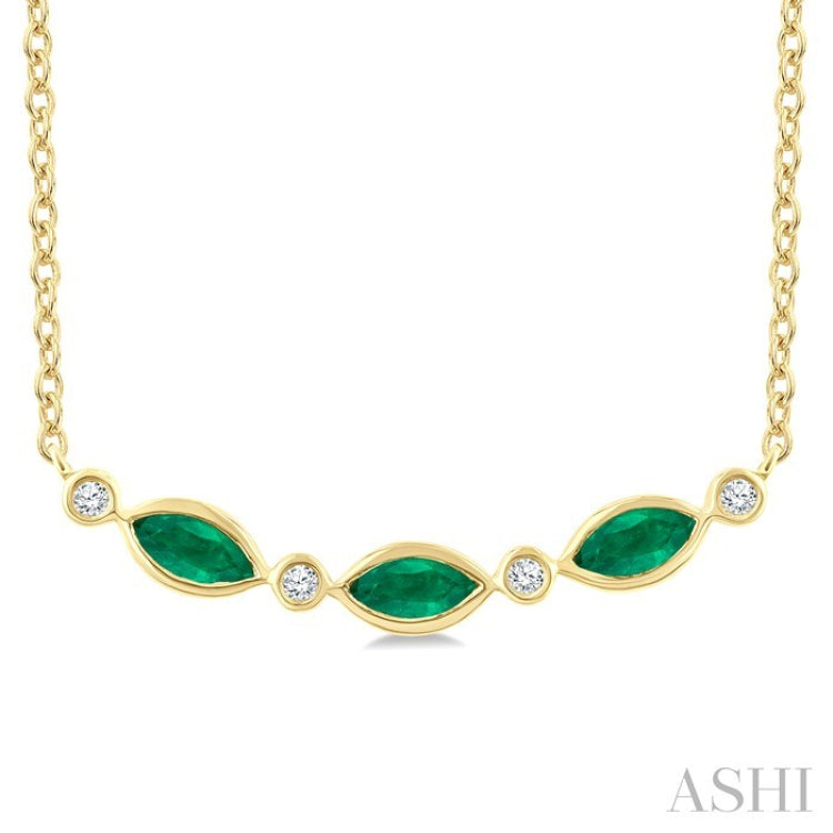 4X2 MM Marquise Shape Emerald and 1/50 Ctw Round Cut Diamond Precious Bar Necklace in 10K Yellow Gold