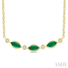 4X2 MM Marquise Shape Emerald and 1/50 Ctw Round Cut Diamond Precious Bar Necklace in 10K Yellow Gold