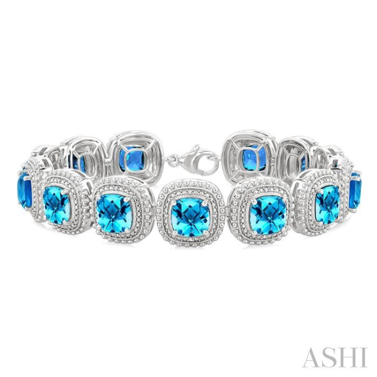 7 MM Oval Shape Blue Topaz and 1/10 Ctw Single Cut Diamond Semi-Precious Bracelet in Sterling Silver
