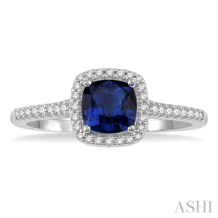 5x5 MM Cushion Shape Sapphire and 1/5 Ctw Round Cut Diamond Precious Ring in 10K White Gold