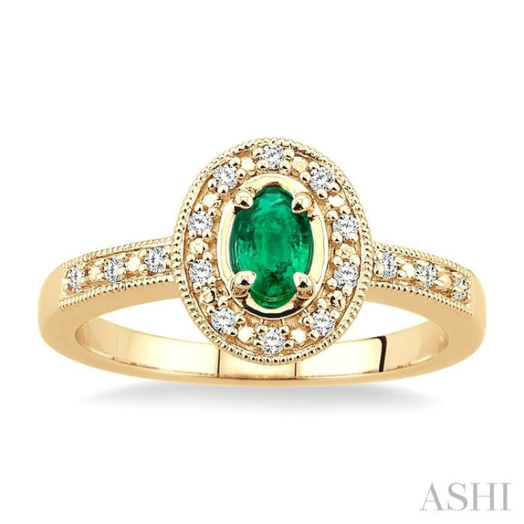 5x3 MM Oval Shape Emerald and 1/10 Ctw Single Cut Diamond Ring in 10K Yellow Gold