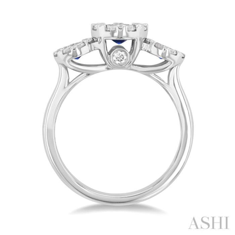 3.8 MM & 3 MM Sapphire and 5/8 Ctw Round Cut Diamond Precious Lovebright Past, Present and Future Ring in 14K White Gold