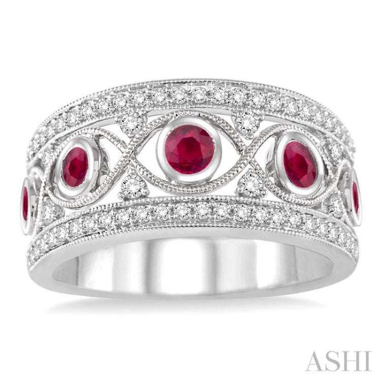 2.6 MM Round Cut Ruby and 1/2 Ctw Round Cut Diamond Precious Band in 14K White Gold
