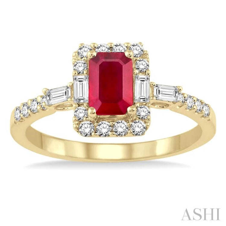 6x4 MM Octagon Cut Ruby and 1/2 Ctw Round Cut Diamond Precious Ring in 14K Yellow Gold