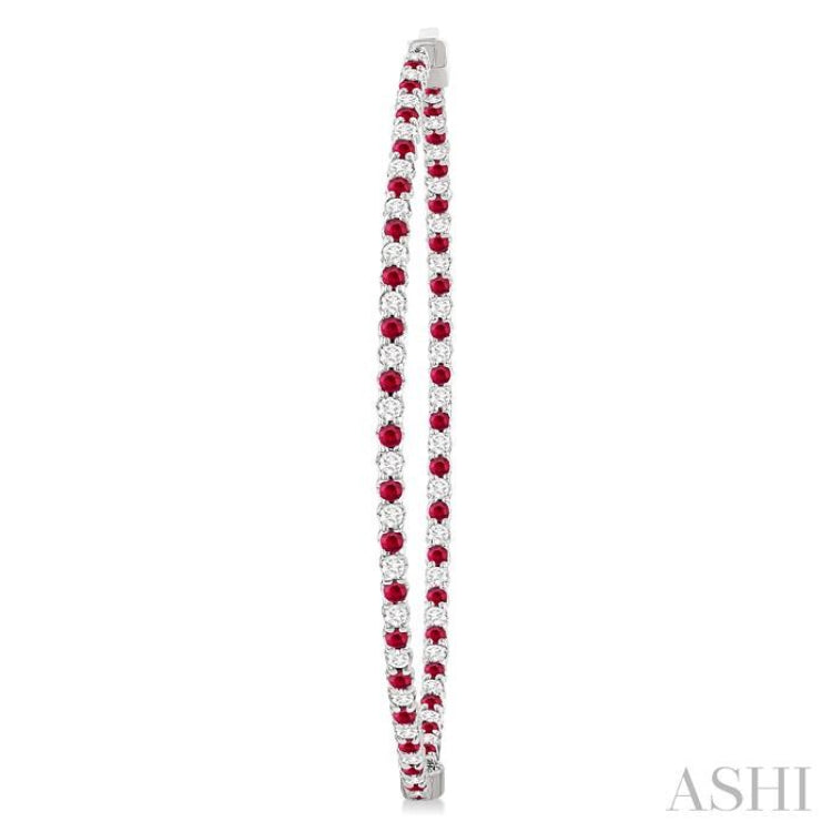 1.6 MM Ruby and Alternating 1 1/2 Ctw Round Cut Inside-Out Diamond Precious Hoop Earrings in 14K White Gold