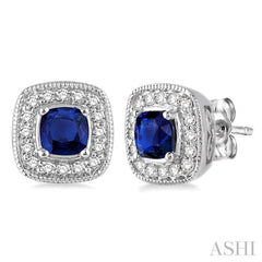 4x4 MM Cushion Shape Sapphire and 1/5 Ctw Round Cut Diamond Earrings in 14K White Gold