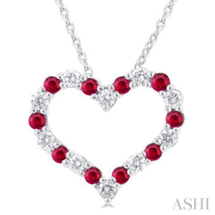 1.80 MM Round Cut Ruby and 1/4 Ctw Open Heart Round Cut Diamond Precious Fashion Pendant With Chain in 14K White Gold