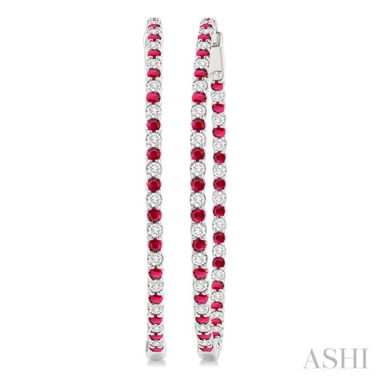 2.1 MM Ruby and Alternating 2 1/2 Ctw Round Cut Inside-Out Diamond Precious Hoop Earrings in 14K White Gold