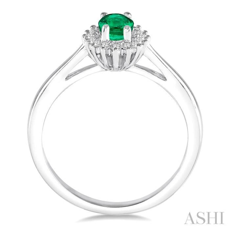 6X4 MM Oval Cut Emerald Center and 1/8 Ctw Round Cut Diamond Halo Precious Stone Ring in 10K White Gold
