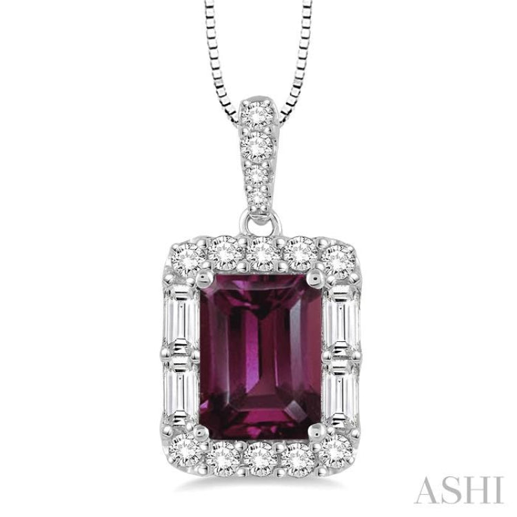 7x5 MM Emerald Cut Rhodolite Garnet and 1/3 Ctw Diamond Semi-Precious Pendant in 14K White Gold with Chain