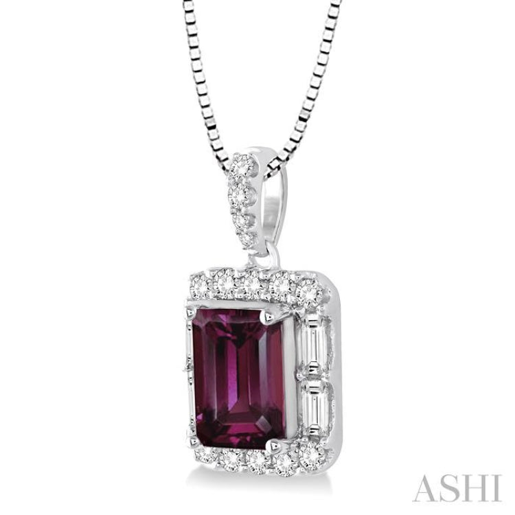 7x5 MM Emerald Cut Rhodolite Garnet and 1/3 Ctw Diamond Semi-Precious Pendant in 14K White Gold with Chain