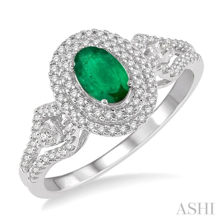 6x4 MM Oval Shape Emerald and 1/3 Ctw Round Cut Diamond Precious Ring in 14K White Gold