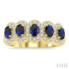 4x3 MM Oval Cut Sapphire and 1/3 Ctw Round Cut Diamond Precious Wedding Band in 14K Yellow Gold