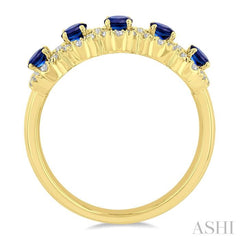4x3 MM Oval Cut Sapphire and 1/3 Ctw Round Cut Diamond Precious Wedding Band in 14K Yellow Gold