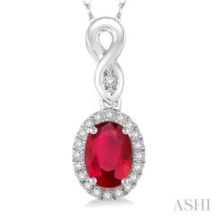 6x4 MM Oval Cut Ruby and 1/10 Ctw Round Cut Diamond Pendant in 14K White Gold with Chain