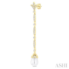 9X7 MM Marquise Link Teardrop Cultured Pearl and 1/2 Ctw Round Cut Diamond Long Earring in 14K Yellow Gold