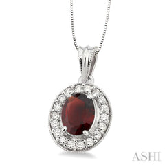 8x6 MM Oval Cut Garnet and 1/3 Ctw Round Cut Diamond Pendant in 14K White Gold with Chain