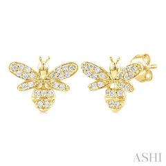 1/8 Ctw Petite Bumble Bee Round Cut Diamond Fashion Stud Earring in 10K Yellow Gold