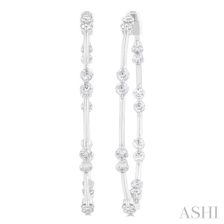 2 Ctw Front and Inner Back Round Cut Diamond Hoop Earrings in 14K White Gold