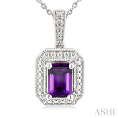 7X5 MM Octagon Shape Amethyst and 1/50 Ctw Single Cut Diamond Semi-precious Pendant With Chain in Sterling Silver