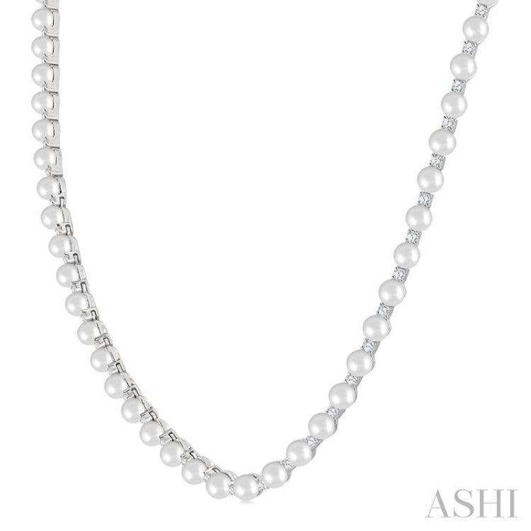 4 MM Cultured Pearl and 2 Ctw Round Cut Diamond Straightline Fashion Necklace in 14K White Gold