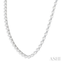 4 MM Cultured Pearl and 2 Ctw Round Cut Diamond Straightline Fashion Necklace in 14K White Gold