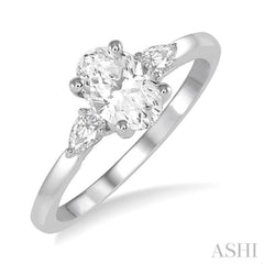 1/2 Ctw Oval and Pear Cut Diamond Ladies Engagement Ring with 1/3 Ct Oval Cut Center Stone in 14K White Gold