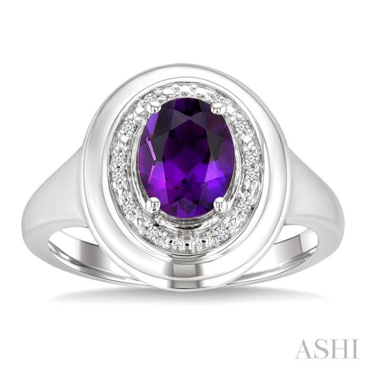 8x6 MM Oval Shape Amethyst and 1/20 Ctw Single Cut Diamond Semi-precious Ring in Sterling Silver