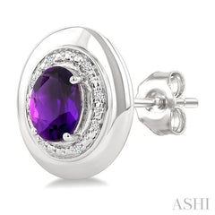7X5 MM Oval Shape Amethyst and 1/20 Ctw Single Cut Diamond Semi-Precious Earrings in Sterling Silver