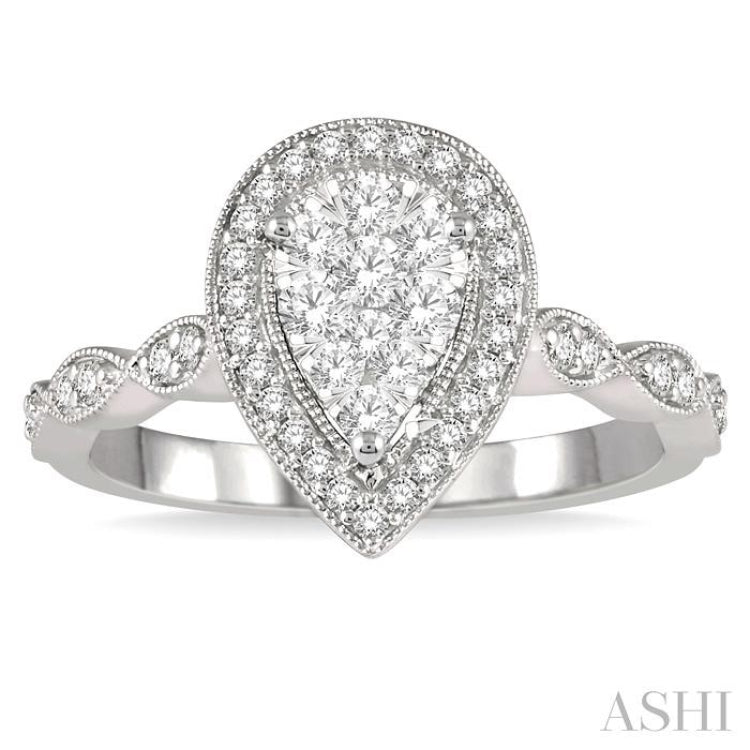 1/2 Ctw Pear Shape Mount Marquise Shank Lovebright Round Cut Diamond Ring in 14K White Gold