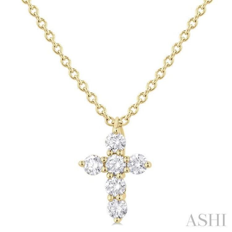 1/6 Ctw Round Cut Diamond Christian Cross 6-Stone Fashion Pendant With Chain in 14K Yellow Gold