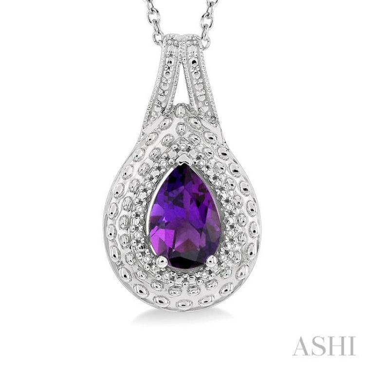 9X6 MM Pear Cut Amethyst and 1/20 Ctw Round Cut Diamond Semi-Precious Pendant With Chain in Sterling Silver