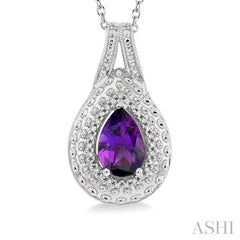 9X6 MM Pear Cut Amethyst and 1/20 Ctw Round Cut Diamond Semi-Precious Pendant With Chain in Sterling Silver
