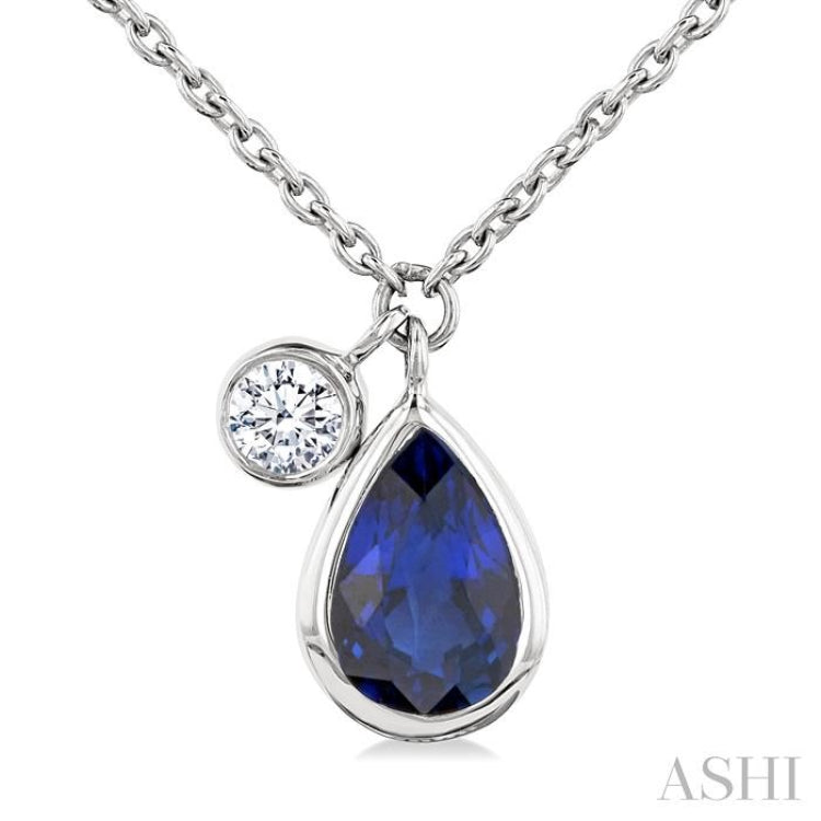 6x4 MM Pear Cut Sapphire and 1/20 Ctw Bezel Set Round Cut Diamond Precious Pendant With Chain in 14K White Gold