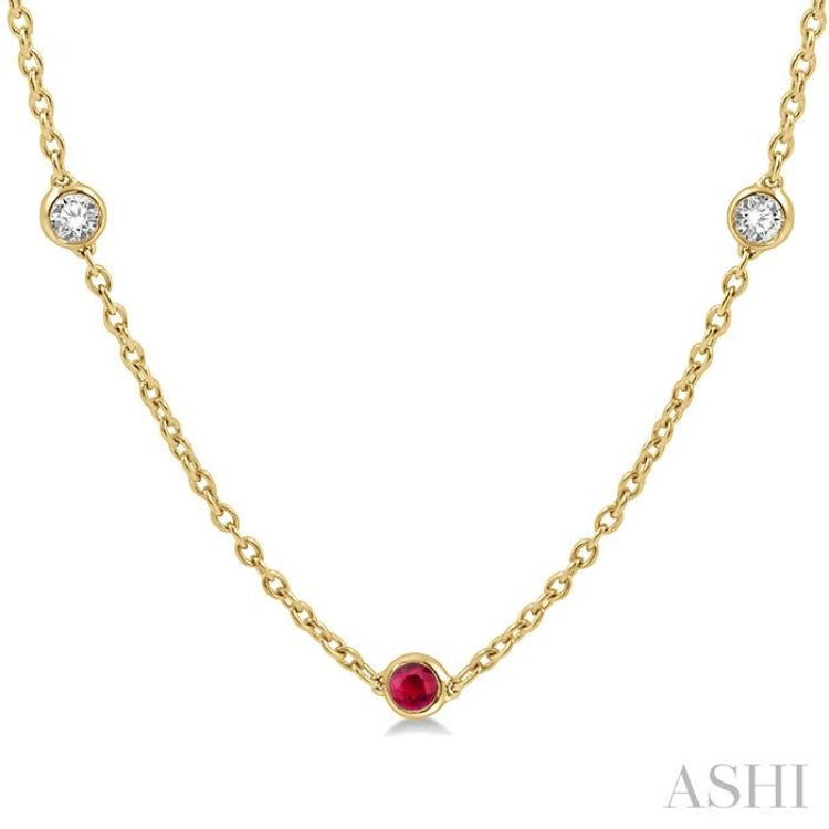 2.85 MM Ruby and 1/2 Ctw Round Cut Diamond Precious Station Necklace in 14K Yellow Gold