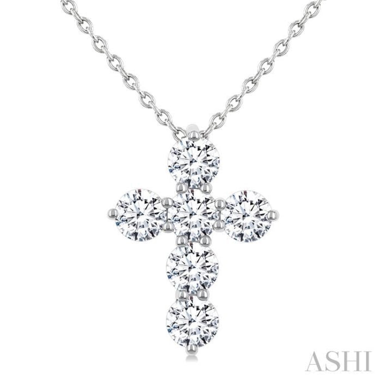 1 Ctw Round Cut Diamond Christian Cross 6-Stone Fashion Pendant With Chain in 14K White Gold