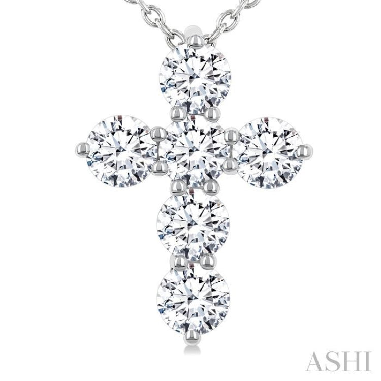 1 Ctw Round Cut Diamond Christian Cross 6-Stone Fashion Pendant With Chain in 14K White Gold