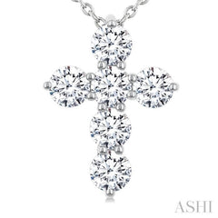 1 Ctw Round Cut Diamond Christian Cross 6-Stone Fashion Pendant With Chain in 14K White Gold