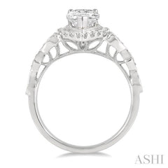 3/4 Ctw Carved Shank Round Cut Diamond Engagement Ring With 3/8 Ct Pear Cut Center Stone in 14K White Gold
